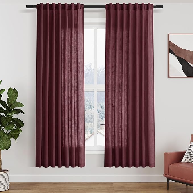 Nanspring Burgundy Curtains 72 Inch Length for Living Room Semi Sheer Light Filtering Door Drapes 2 Panels Set for Kids Bedroom Light Filtering Back Tab Rod Pocket Modern Farmhouse Decor 52x72