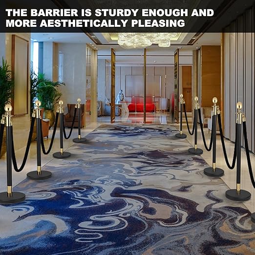 8PACK Stainless Steel Stanchion Post Queue 5 ft Black Velvet Ropes and Stanchion Poles Set Crowd Control Barriers with Fillable Base Used for Party Wedding Theaters Red Carpet - Black & Gold Color