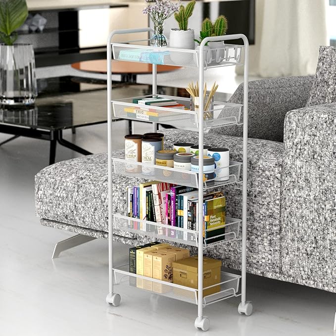 JANE EYRE 5-Tier Rolling Utility Storage Rack Cart on Wheels, Trolley Craft cart, Multi-Purpose Organizer Shelf, White