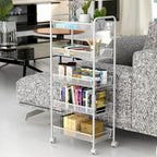 JANE EYRE 5-Tier Rolling Utility Storage Rack Cart on Wheels, Trolley Craft cart, Multi-Purpose Organizer Shelf, White