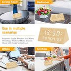 Kogonee Wooden Digital Alarm Clock, 0-100% Dimmer, 2 Alarm Settings, Weekday/Everyday Mode, 9 Mins Snooze, 12/24H, Temperature and Date Display for Office, Travel, Bedroom Alarm Clock (Bamboo)