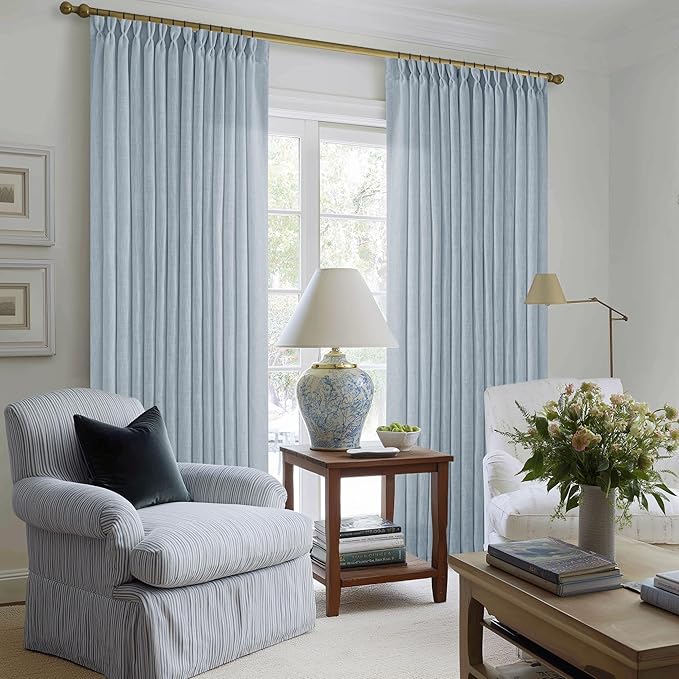 Light Blue Linen Curtains 102 Inches Long for Living Room Pinch Pleated Drape with Hooks Rings for Track System Light Filtering 102 Inch Curtain for Bedroom Sliding Patio Door 2 Panels Dusty Blue