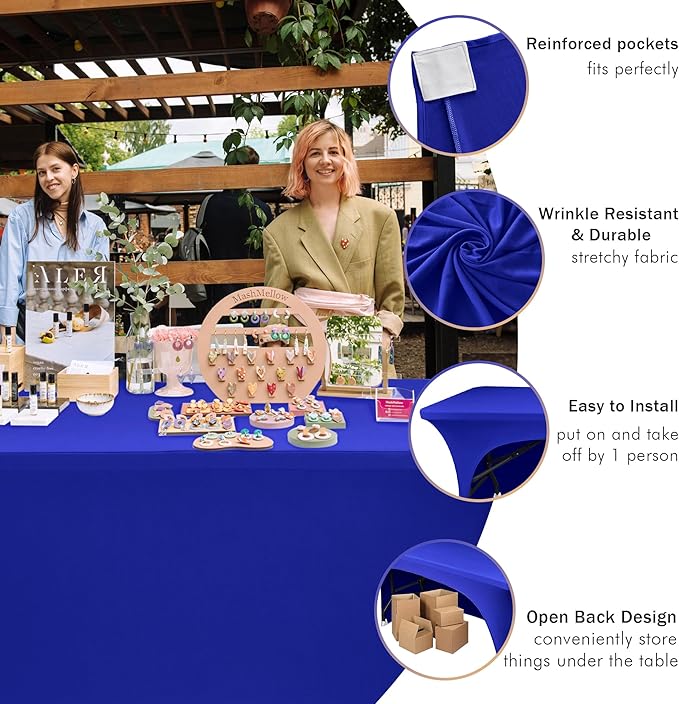 Nasitos 2 Pack Fitted Royal Blue 8ft Tablecloth-Open Back Spandex Fabric Table Covers, Washable and Wrinkle Resistant Table Cloth for Trade Show, Parties, Weddings, Events, Vendor Booth