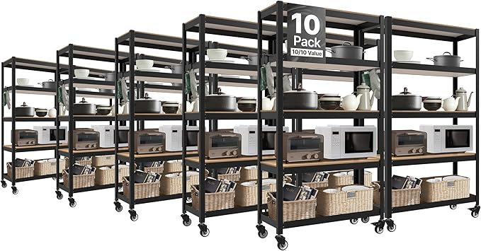 HOMEDANT House 5-Tier Metal Rolling Cart Shelf Rack Casters Heavy Duty Laminated Wheel Shelving Unit Adjustable Utility Storage Shelves Organizer Shelf Kitchen Garage (10, (M) 36.2" W, Black)