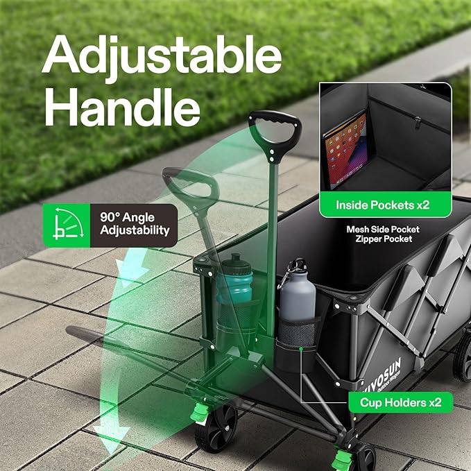 VIVOSUN Collapsible Folding Wagon, 350 lb Load-Bearing Outdoor Utility Cart with Silent Universal Wheels, Cup Holders &Side Pockets, Adjustable Handle, for Camping, Garden, Sports, Picnic, Shopping
