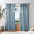 XTMYI Dusty Blue Curtains 96 Inches Long for Living Room,Light Filtering Country Vintage Hooks Pleated Back Tab Semi Sheer Linen Curtains for Bedroom 2 Panels Set,Stone Blue
