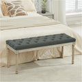 LOULENS 43.9" Linen Fabric End of Bed Bench, Vintage French Upholstered Button Tufted Entry Bench, Window Seat with Carved Wood Legs for Bedroom, Living Room, Entryway, Foyer, Hallway, Dark Grey