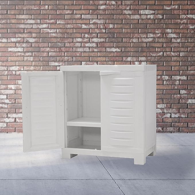 Sunnydaze Freestanding Garage Storage Cabinet with Doors - Indoor Utility Storage Cabinet - 25.5" H - Garage, Office, Home, Laundry Room - Speckled White