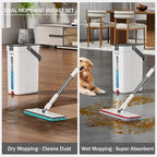 Dual-Mop and Bucket Set, 3-Tank Flat Mop and Bucket System with Separate Dirty and Clean Water, Wall Cleaner Mop, Flat Mops for Floor Cleaning with 6 Microfiber Pads