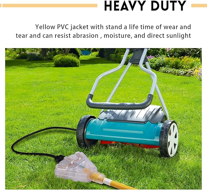 EP 50 Ft Lighted Outdoor Extension Cord with 3 Electrical Power Outlets - 14/3 SJTW Heavy Duty Yellow Extension Cable with 3 Prong Grounded Plug - Power Cord for Lawn, Garden, Appliances