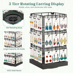 EsLuker.ly Rotating Earring Display Holder Stand for Vendors Events Selling, Large Capacity 36 Hooks Jewelry Rack with Wooden Base for Earring Card Sales, Enhances Retail Visibility(Black)