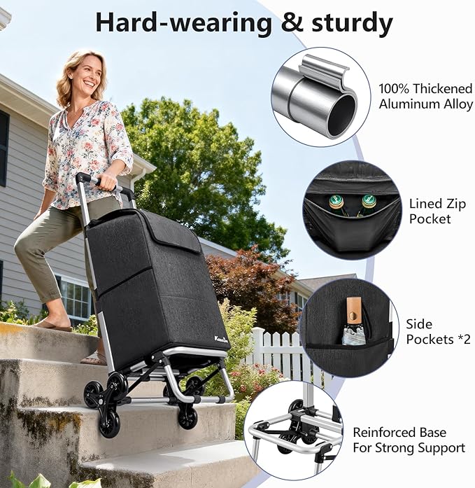 KEDSUM 2 in 1 Aluminum Alloy Stair Climbing Cart, 300LBS Grocery Cart on Wheels, Foldable Shopping Carts with Waterproof Oxford Black Bag for Groceries, Lightweight & Durable Aluminum Frame