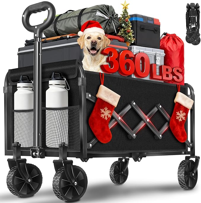 Wagons Carts Foldable Collapsible Wagon with Wheels — Folding Utility Wagon Cart Portable for Camping,Sports,Groceries,Apartment & Travel | Collapsible Wagon for Storage & Shopping,360lbs,Black
