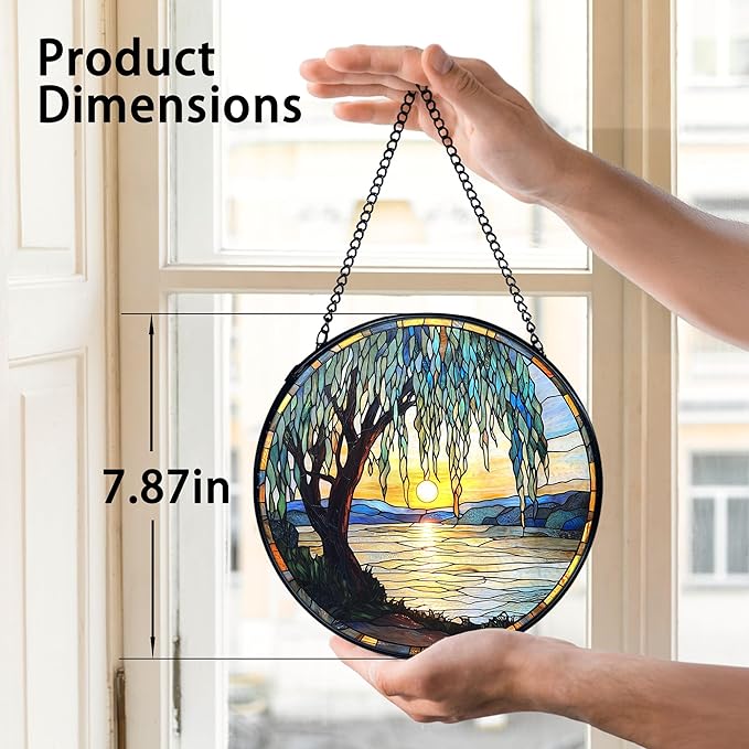 TNUW Willow Tree Stained Glass Window Hanging, Nature Sunset Weeping Willow Tree Sun Catchers Indoor Window Glass Round Wall Art Decor, Nature Landscape Wall Hanging Decorations, 7.9＂x7.9＂