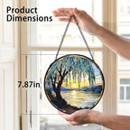 TNUW Willow Tree Stained Glass Window Hanging, Nature Sunset Weeping Willow Tree Sun Catchers Indoor Window Glass Round Wall Art Decor, Nature Landscape Wall Hanging Decorations, 7.9＂x7.9＂