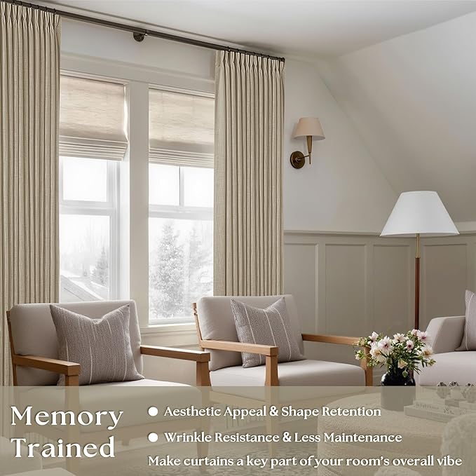 Grey Beige Pinch Pleated Linen Curtains 92 Inches Long 2 Panels for Living Room Bedroom Memory Training Shaped Semi Sheer Pleat Drapes with Hooks Rings Light Filtering Window Curtain 40x92
