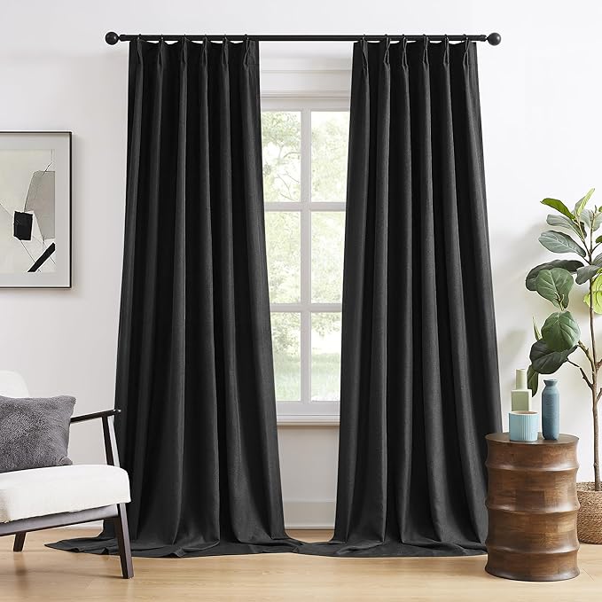 Pinch Pleated Blackout Curtains/Drapes 126 Inch Length,Back Tab with Hooks, Thermal Insulated Energy Efficient Draperies for Hall Living Room Back Tab,(Black, 2 Panels,40" W x 126" L, 10.5 FT)
