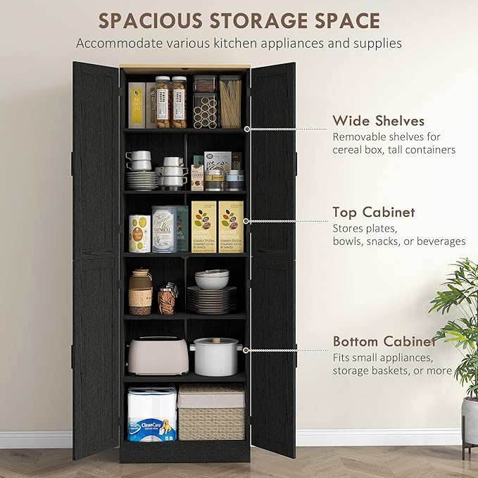 HOMCOM 67" Freestanding Kitchen Pantry, 4-Door Storage Cabinet Organizer with Adjustable Shelves, Kitchen Cabinet with Doors and Shelves, Distressed Black
