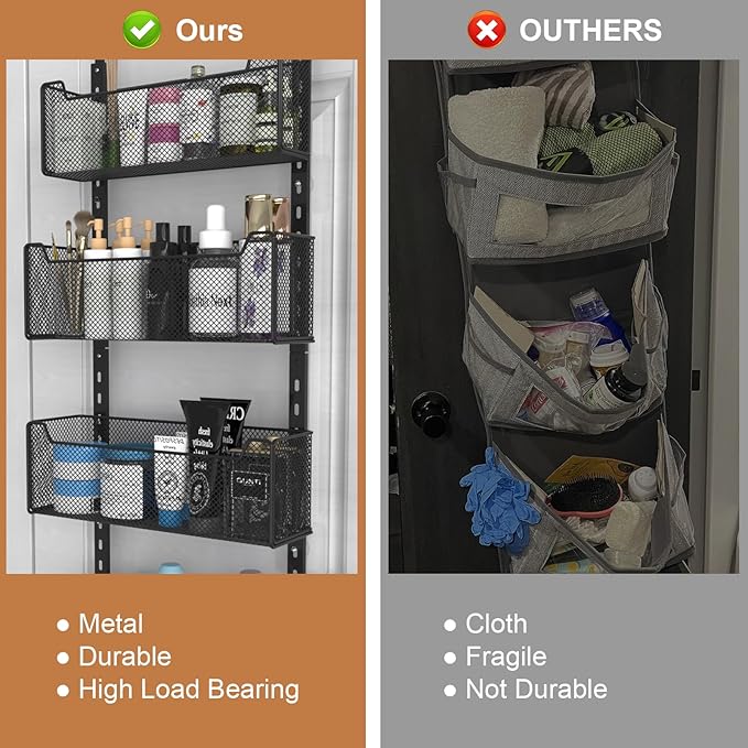 Over The Door Organizer, 8-tier Metal Door Organizer Hanging with Adjustable Baskets, Behind The Door Storage for Bedroom Closet Bathroom Pantry Cabinet Kitchen, Black