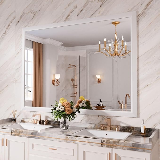 Amorho Bathroom Mirror, 55x40 Inch White Framed Bathroom Mirrors for Over Sink, Wall-Mounted Mirrors for Bedroom, Living Room, Entryway(Horizontal/Vertical).