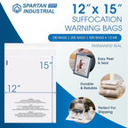 Spartan Industrial - 12" X 15" (500 Count) Self Seal Clear Poly Bags with Suffocation Warning for Packaging, Clothes - Permanent Adhesive