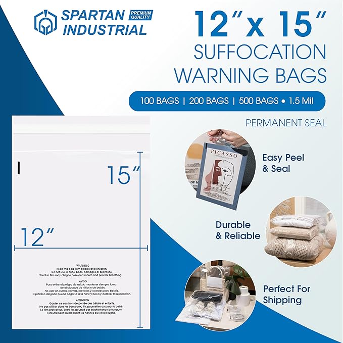 Spartan Industrial - 12" X 15" (500 Count) Self Seal Clear Poly Bags with Suffocation Warning for Packaging, Clothes - Permanent Adhesive