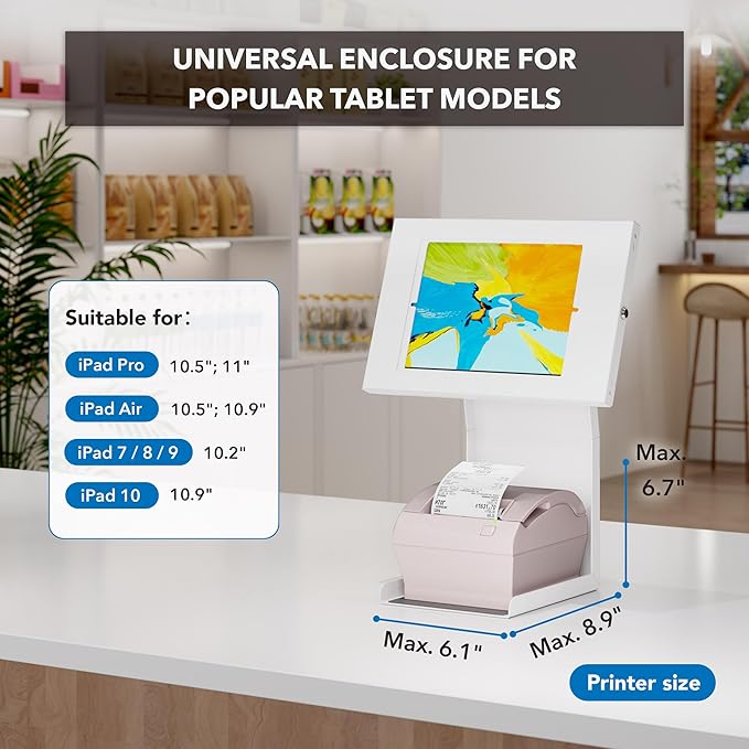 Mount-It! Anti-Theft Tablet Kiosk with Printer Stand, Locking Countertop Tablet Enclosure with Freestanding Base, Universal Enclosure Compatible with iPads Gen 9 and 10, iPad Pro, iPad Air, White