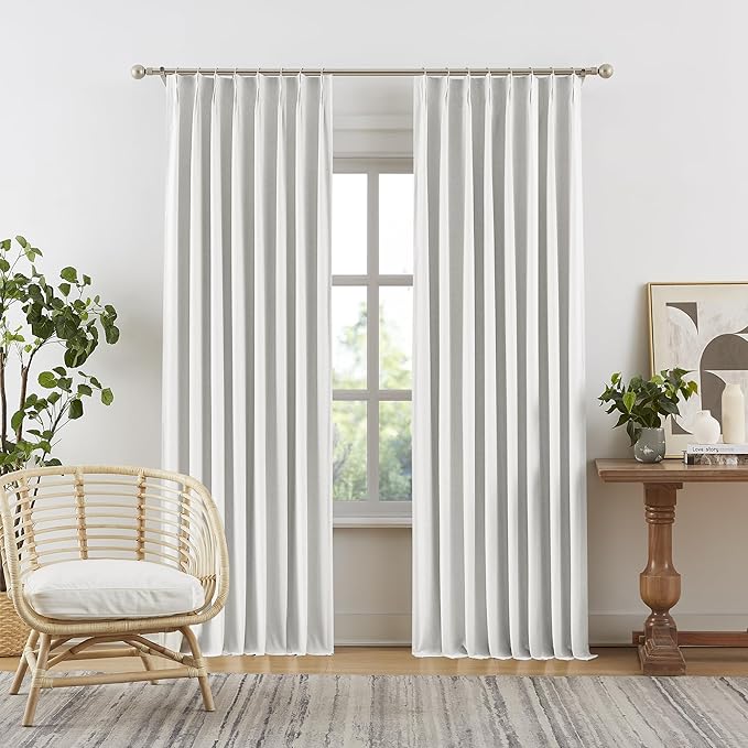 Greyish White Linen Blended Pinch Pleated Blackout Curtains & Drapes 95 Inch Long 2 Panel Sets, Accordion Style Track Room Darkening Thermal Insulated Curtains with Hooks Back Tab 50 by 95 Inch