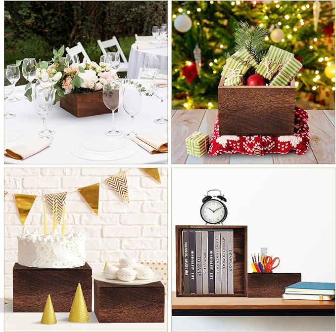 6 Pack Wooden Risers Display Stands with Mini Signs Square Food Risers for Buffet Party Rustic Wood Cake & Cupcake Stands Nesting Box Wooden Crates for Display