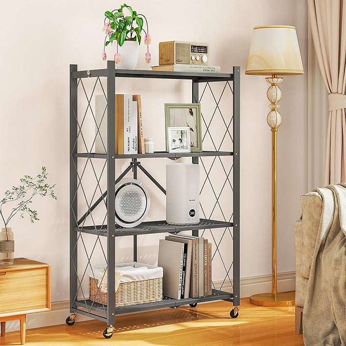 4-Tier Folding Metal Storage Shelf with Wheels, No Assembly Organizer Rack, Heavy Duty Collapsible Shelving Unit for Garage, Kitchen, Basement, Pantry, Living Room(New Upgrade - Gray, 4 Tier)