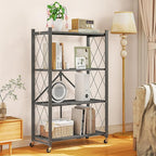 4-Tier Folding Metal Storage Shelf with Wheels, No Assembly Organizer Rack, Heavy Duty Collapsible Shelving Unit for Garage, Kitchen, Basement, Pantry, Living Room(New Upgrade - Gray, 4 Tier)
