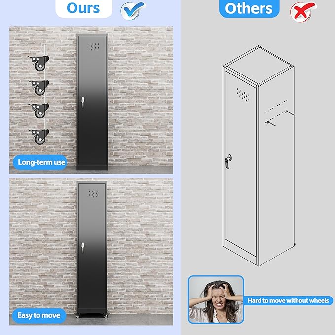 Aobabo Metal Broom Closet Storage Cabinet with Wheels, 72'' Tall Steel Cleaning Tools Garage Cabinet with Pegboards and Hooks,Assembly Required,Black