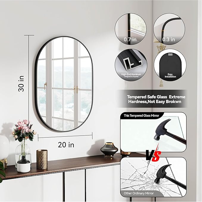 30x20 Mirror Runway Oval Wall Mounted Aluminum Alloy Metal Frame Rectangle Mirrors for Entryway Bedroom Bathroom Living Room 30 20 inch Black