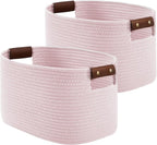 Cotton Rope Basket, Storage Baskets with Handle, 15x10x9 Inch Woven Basket for Shelves, Laundry, Towels, Clothes, Books (Light/Pink 2Pack)