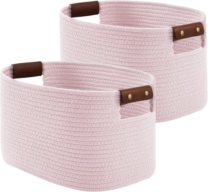 Cotton Rope Basket, Storage Baskets with Handle, 15x10x9 Inch Woven Basket for Shelves, Laundry, Towels, Clothes, Books (Light/Pink 2Pack)