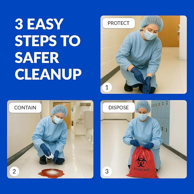 School Health 27‑Piece Bodily Fluid Spill Clean Up Kit – Bloodborne Pathogen Protection with PPE, Biohazard Bags & Wipes – OSHA Compliant Response Kit for Schools, Clinics & Infectious Materials