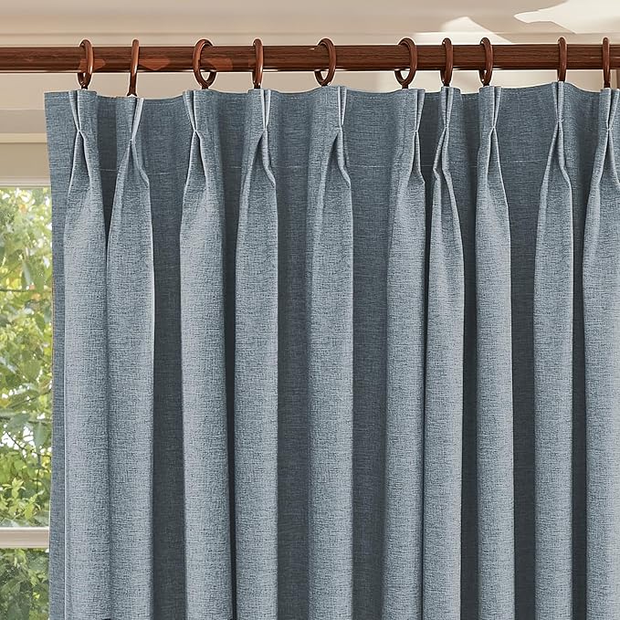 Textured Linen Pencil Pleats 100% Blackout Curtains for Bedroom/Living Room Blackout Curtains 63 Inches Long, Energy Saving Window Treatment Curtains,42Wx63Lx2,Grey Blue