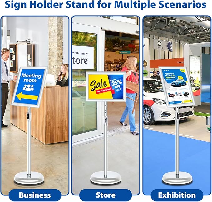 6Packs Floor Standing Sign Holder Stands for Display 8.5x11Inch Pedestal Poster Sign Stand, Adjustable Sign Holder Stand for Vertical & Horizontal View Sign Display Stand, Silver