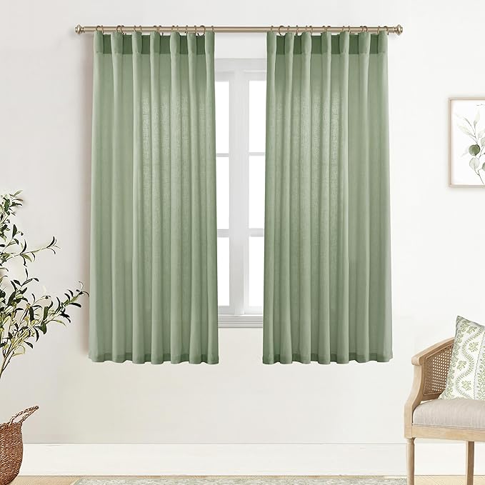 XTMYI Sage Green Sheer Curtains 63 Inch Length for Living Room,Boho Rod Pocket Light Filtering Linen Semi Transparent Bedroom Curtains Drapes 63 Inches Long 2 Panels Set for Bathroom Window Kitchen