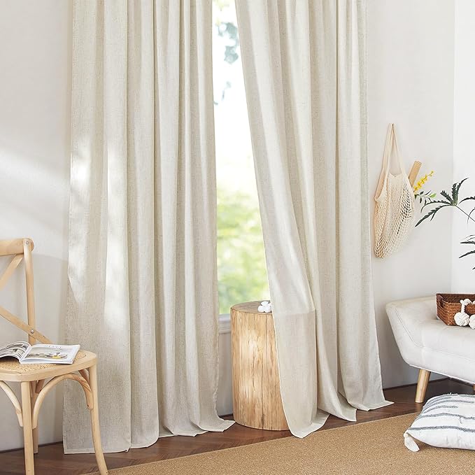 NICETOWN Natural Thick Linen 120 inch Curtains, Pinch Pleated/Rod Pocket/Back Tab Privacy Added Window Treatments with Light Filtering for Bedroom/Living Room, W52 x L120, 2 Panels