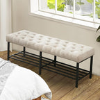 55.5" End of Bed Bench, Modern Chenille Button Tufted Bedroom Bench, Upholstered Storage Shoe Bench with Metal Base, Dinning Table Bench for Living Room, Bedroom, Entryway, Light Brown