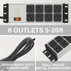 CCCEI Heavy Duty Power Strip Surge Protector 20 AMP, 8 Outlets 12 Gauge Industrial Shop Garage Metal Multiple Outlets, 6 FT Extension Cord 5-15P Adapter High Amp 6-20R T-Slot 20a for Appliance