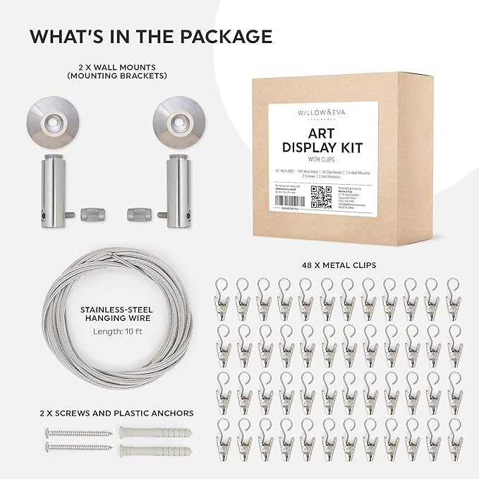 Art Display for Kids Artwork - 10ft Alloy Steel Wire with 48 Clips | Willow & Eva