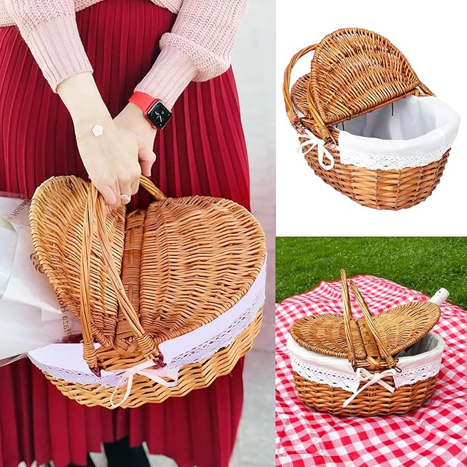 Wicker Picnic Basket with Lid, Wicker Picnic Hamper with Removable Lining and Foldable Handles, Woven Picnic and Outdoor Basket for Camping, Picnics, and Outdoor Adventures