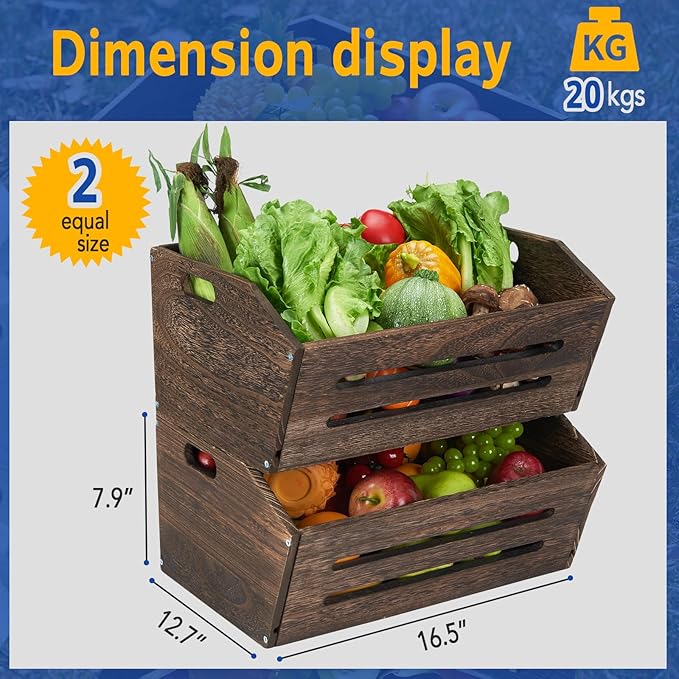 ELONG HOME Rustic Wooden Crate, 2 Pack, Brown, Large, 16.5x12.7x9 Inches, Holds Up to 45 Pounds, Decorative Farmhouse Wooden Crate Basket for Storage and Display
