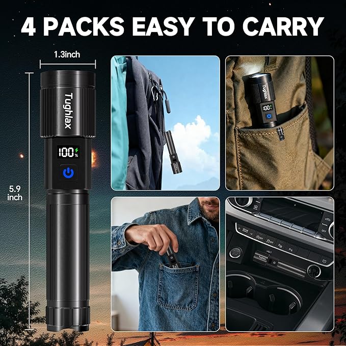 4Pack Rechargeable Flashlights High Lumens 9900LX, LED Flashlight Rechargeable with LCD Digital Display, 5Modes Adjustable Flash Light, Super Bright Flashlight Powerful, Tactical Flashlights for Home