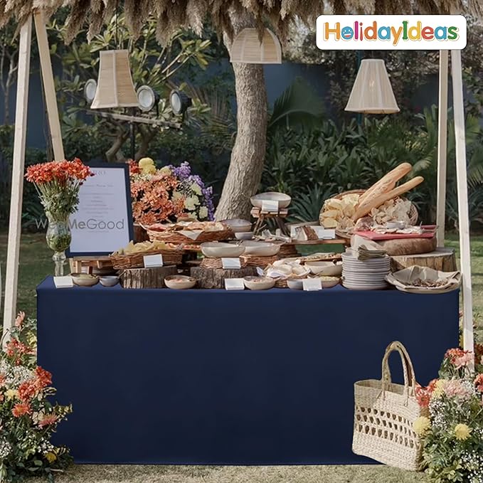 HolidayIdeas Fitted Tablecloths for 6 Foot Rectangle Table, Full Coverage Table Cover 30x72 Inch for Vendor Booth Display, Banquet, Trade Show, Navy Blue, 4 Pcs