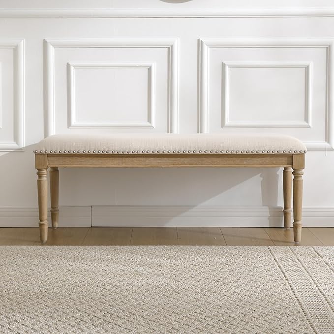 46'' French Country Entryway Bench Wooden Linen Fabric Upholstered Seat Dinng Bench with Nailhead Trim for Hallway End of Bed, Beige