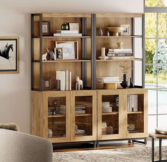 WAMPAT 2 PCS Modern 72" Tall Bookcases with Glass Doors and Adjustable Shelves, Library Book Shelf with Storage Cabinet and Open Book Shelfs, Wood Bookshelves for Home Office, Living Room, Oak