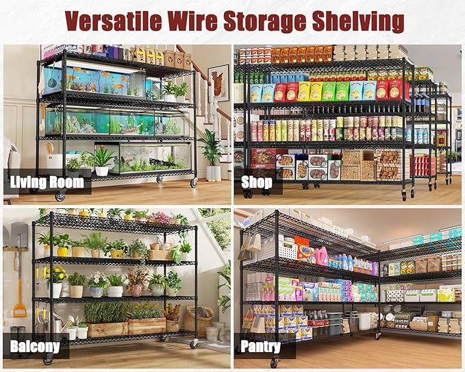 PrimeZone 60" W x 24" D x 76" H Heavy Duty Wire Storage Shelves with Wheels, 4 Tier Adjustable NSF Certified Garage Shelving Unit, Rolling Metal Organizer Shelf Rack for Warehouse, Pantry, 2 Packs